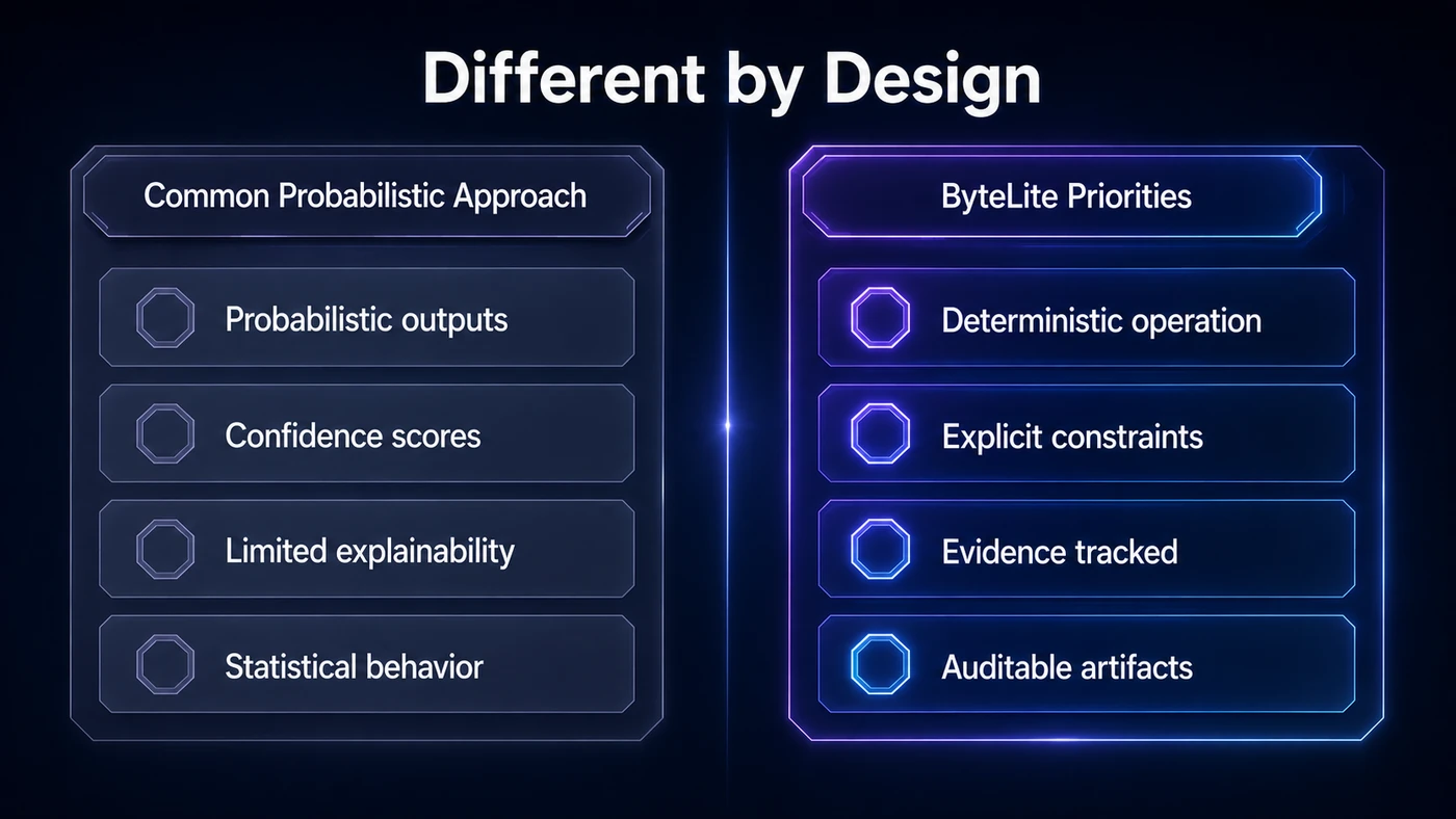 A common probabilistic approach compared with ByteLite priorities: deterministic operation, explicit constraints, evidence tracked, auditable artifacts.