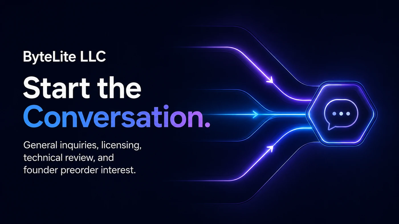 ByteLite LLC contact invitation for general inquiries, licensing and technical review.