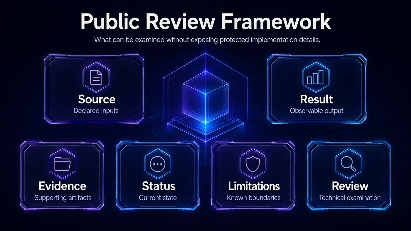 Public review framework: source, result, evidence, status, limitations and review.