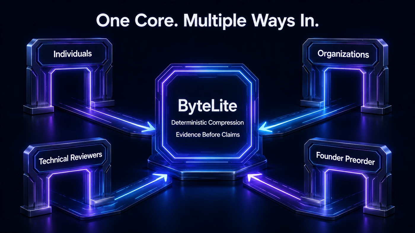 One ByteLite core with four ways to engage: individuals, organizations, technical reviewers and founder preorder.