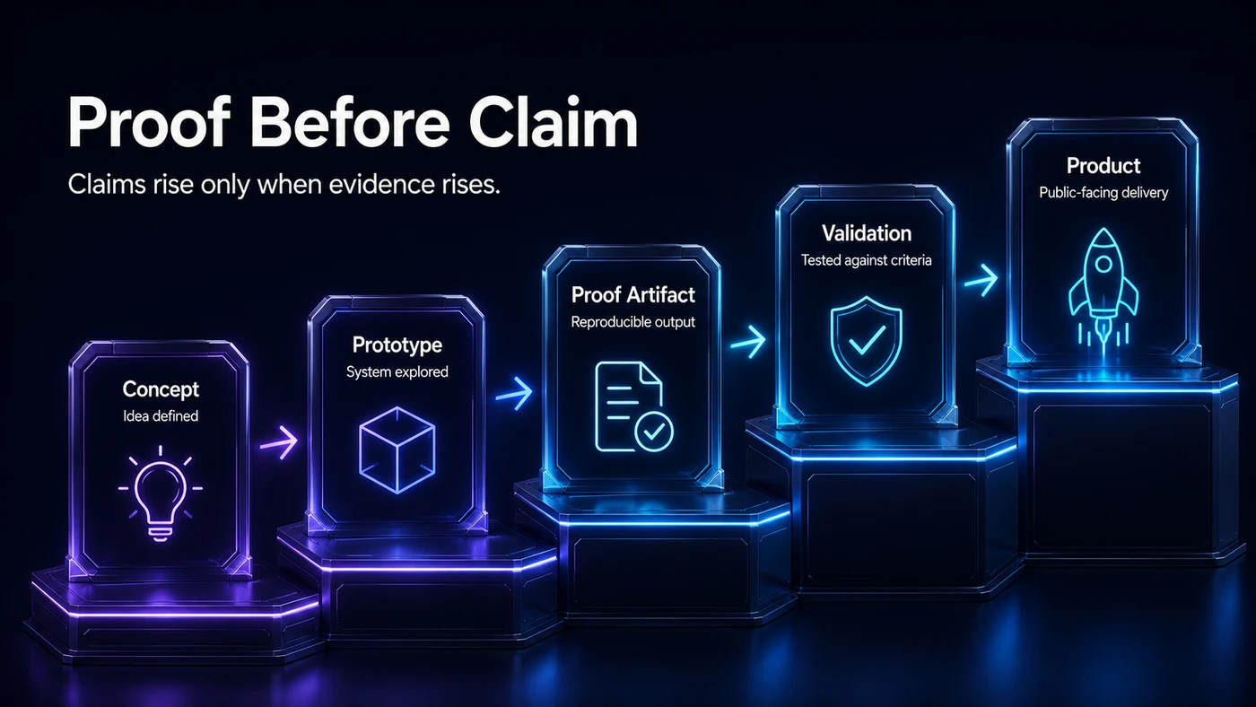 Proof-before-claim progression from concept through prototype, proof artifact, validation, and product.