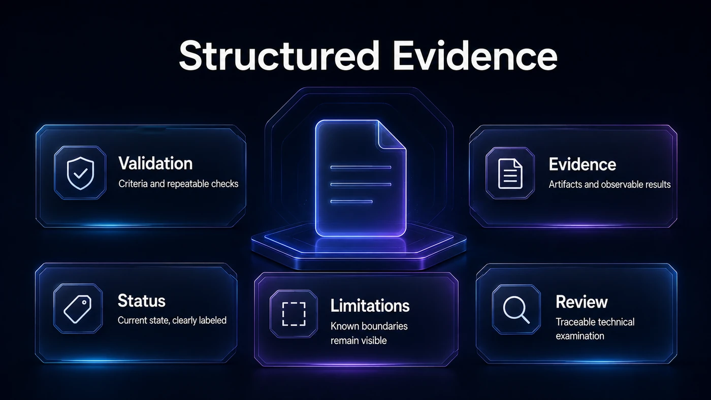 Structured evidence categories: validation, evidence, status, limitations and review.