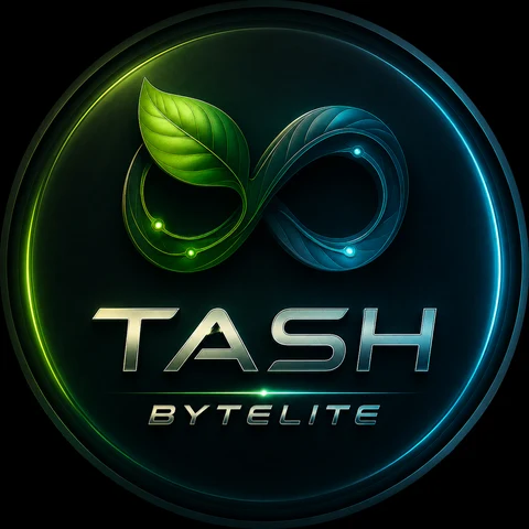 Personal ByteLite founder mark for Tash Broadwater: a leaf-and-infinity emblem with the wordmark TASH BYTELITE