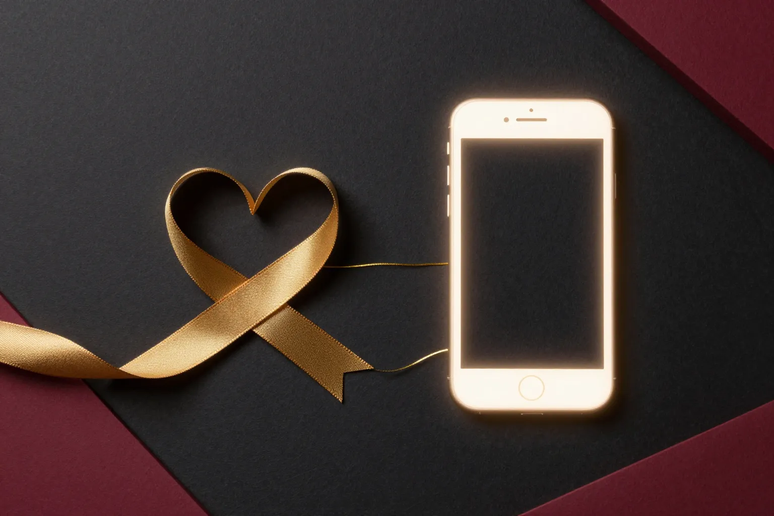 A gold heart-infinity ribbon beside a glowing phone, representing the Cordel Play and Cordel Connect product pairing