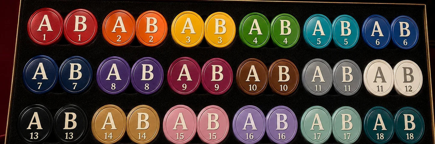 Cordel Play A/B player chips: 18 pairs of numbered snap-fit chips in distinct colors