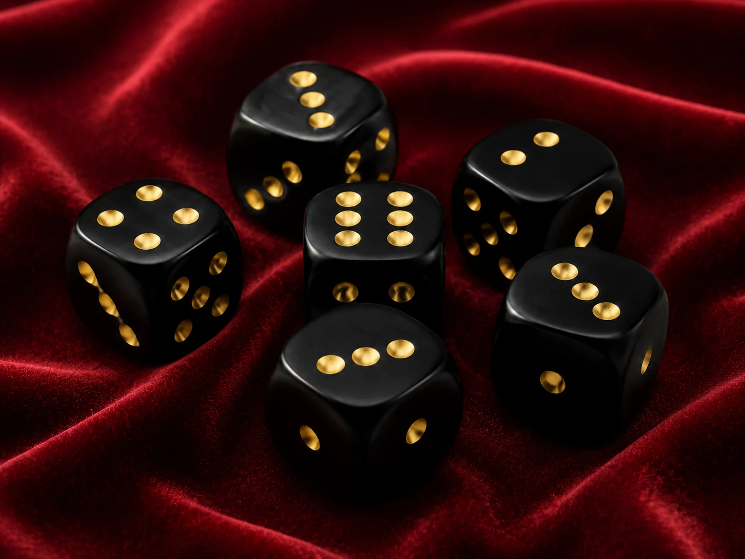 Six black Cordel Play dice with golden pip dots
