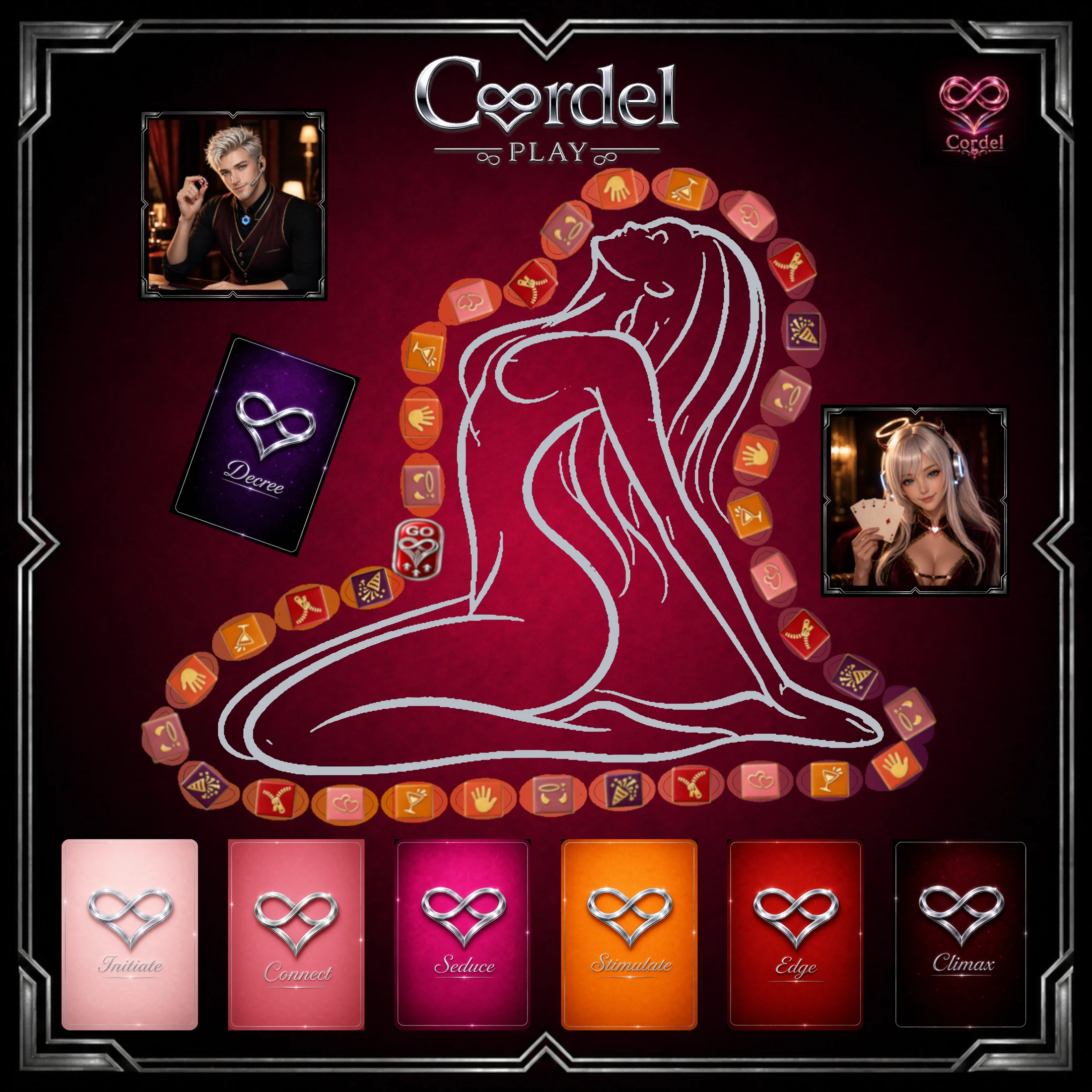 The complete Cordel Play 20x20 board layout: the player path, tier decks, Decree deck, and the AIya and Aion host cards