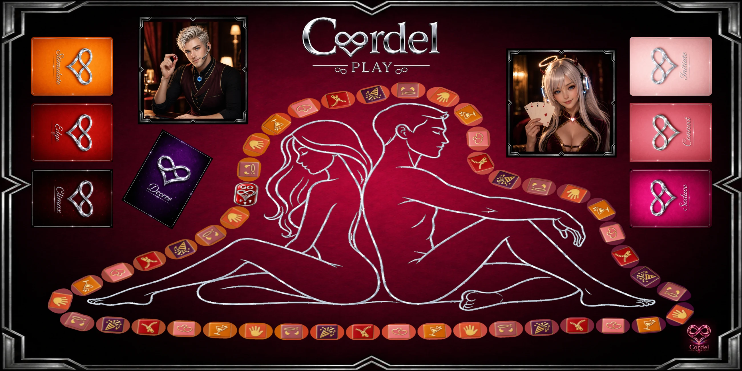 Complete Cordel Play board layout showing the tier deck strip, Decree card, and player path