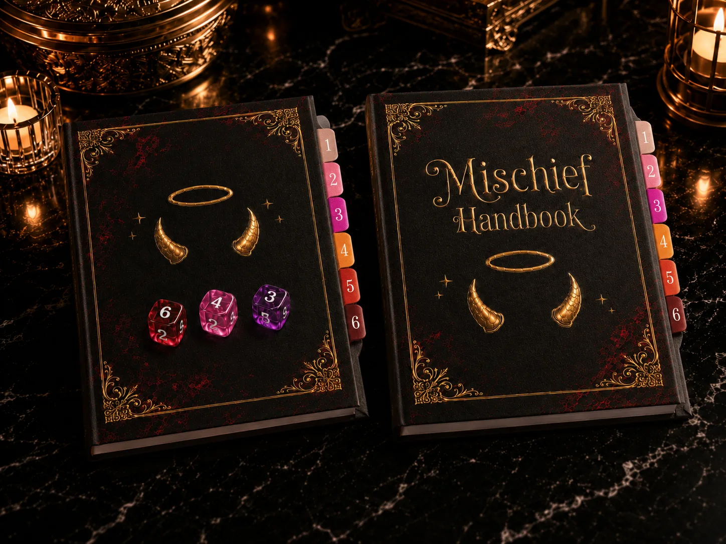 Two leather-bound Cordel Play Mischief Handbooks with red, pink, and purple numbered dice