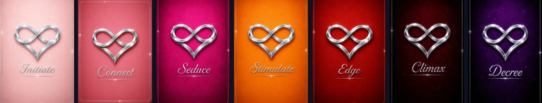 Cordel Play tier deck card backs: silver infinity-heart marks on Initiate, Connect, Seduce, Stimulate, Edge, Climax, and Decree