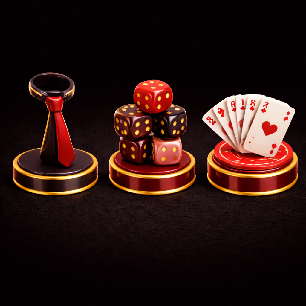 Cordel Play figural token tops — tie, dice, and playing-card designs