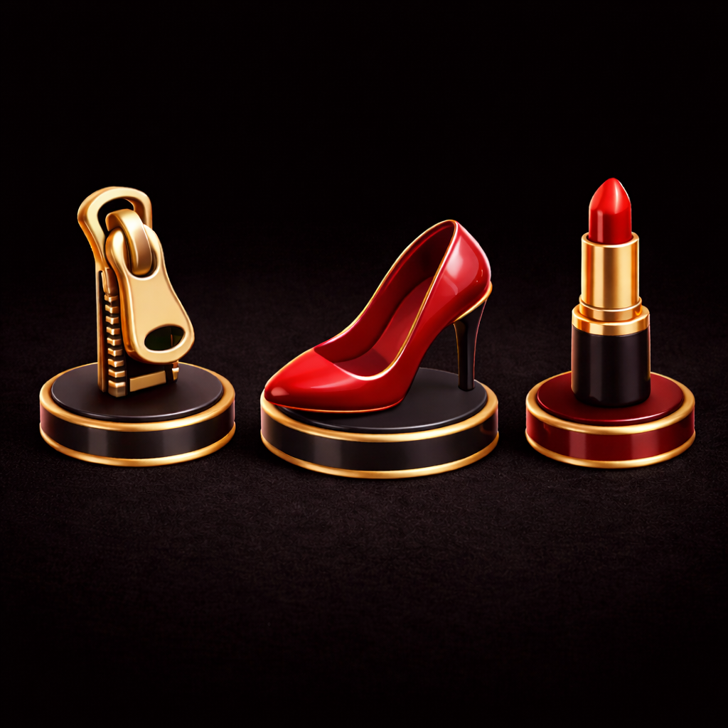 Cordel Play figural token tops — zipper, heel, and lipstick designs