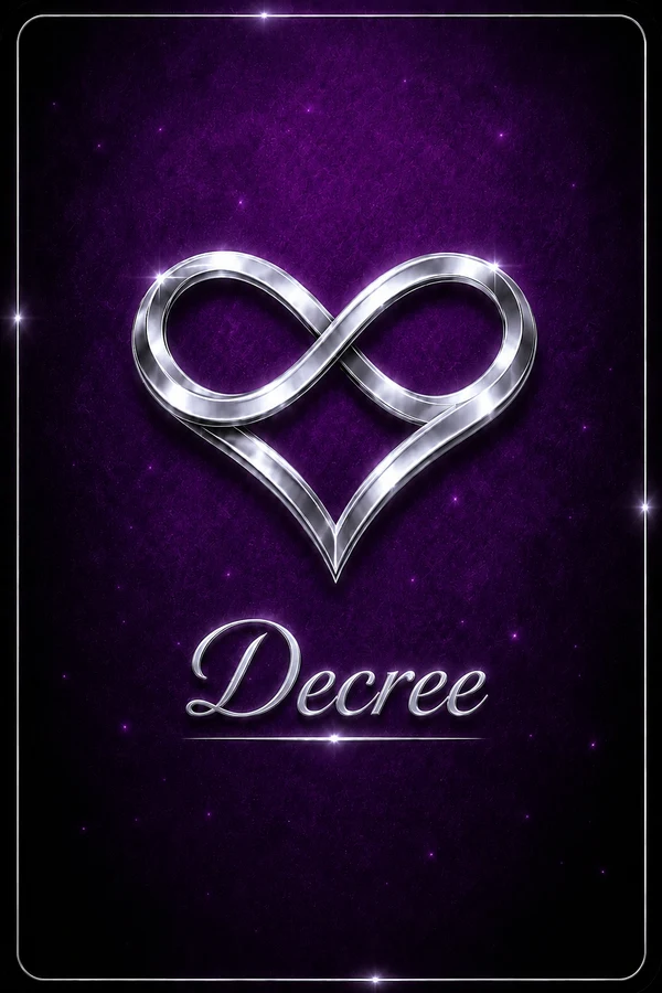 Cordel Play Decree card: purple card face with a silver infinity-heart mark