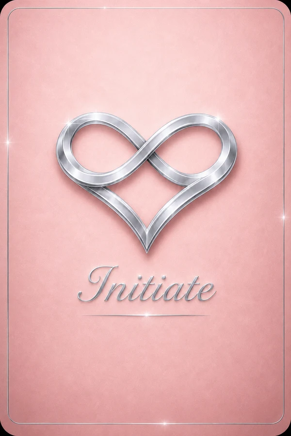 Initiate tier card, pale pink with a silver infinity-heart mark
