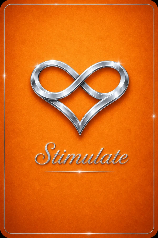 Stimulate tier card, amber orange with a silver infinity-heart mark
