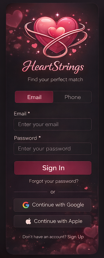HeartStrings App login screen