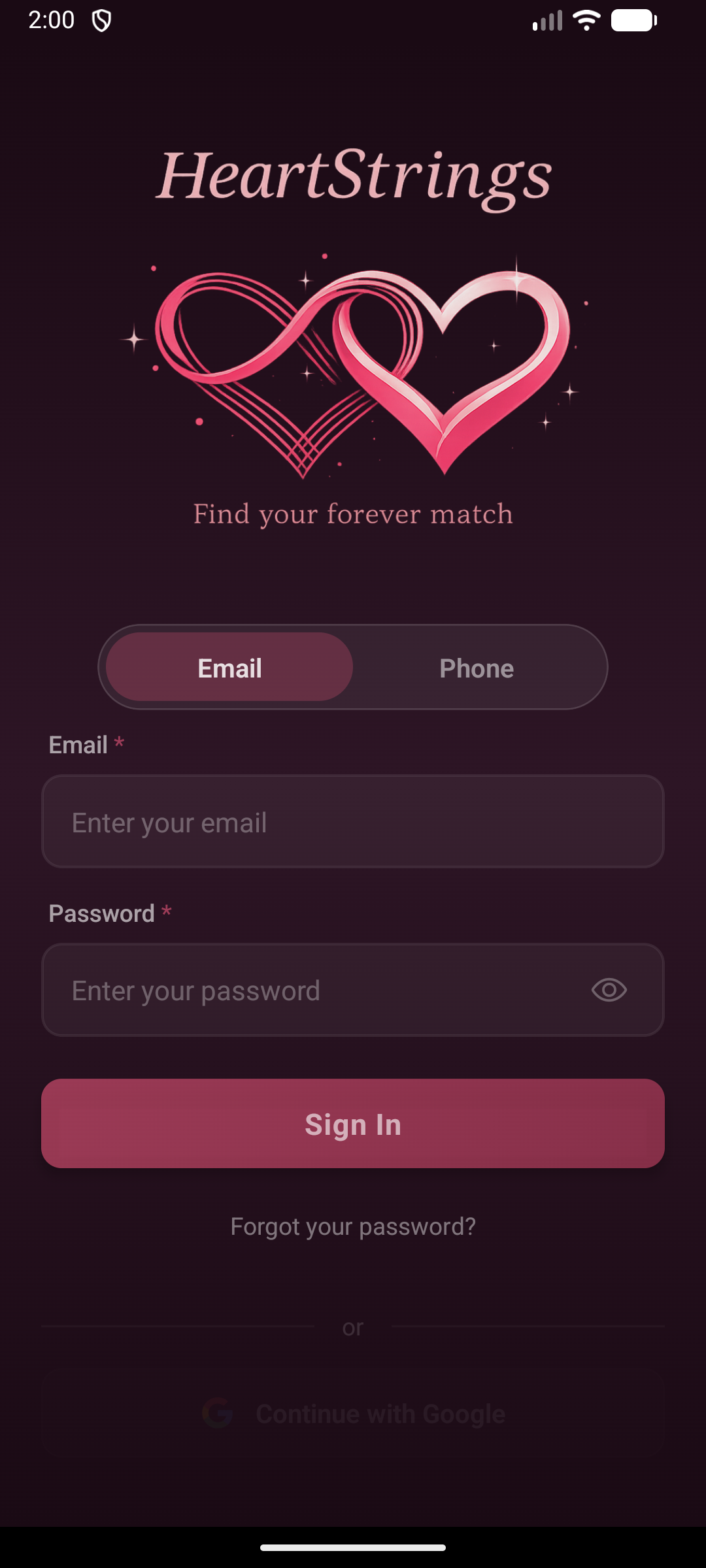 HeartStrings App — login screen