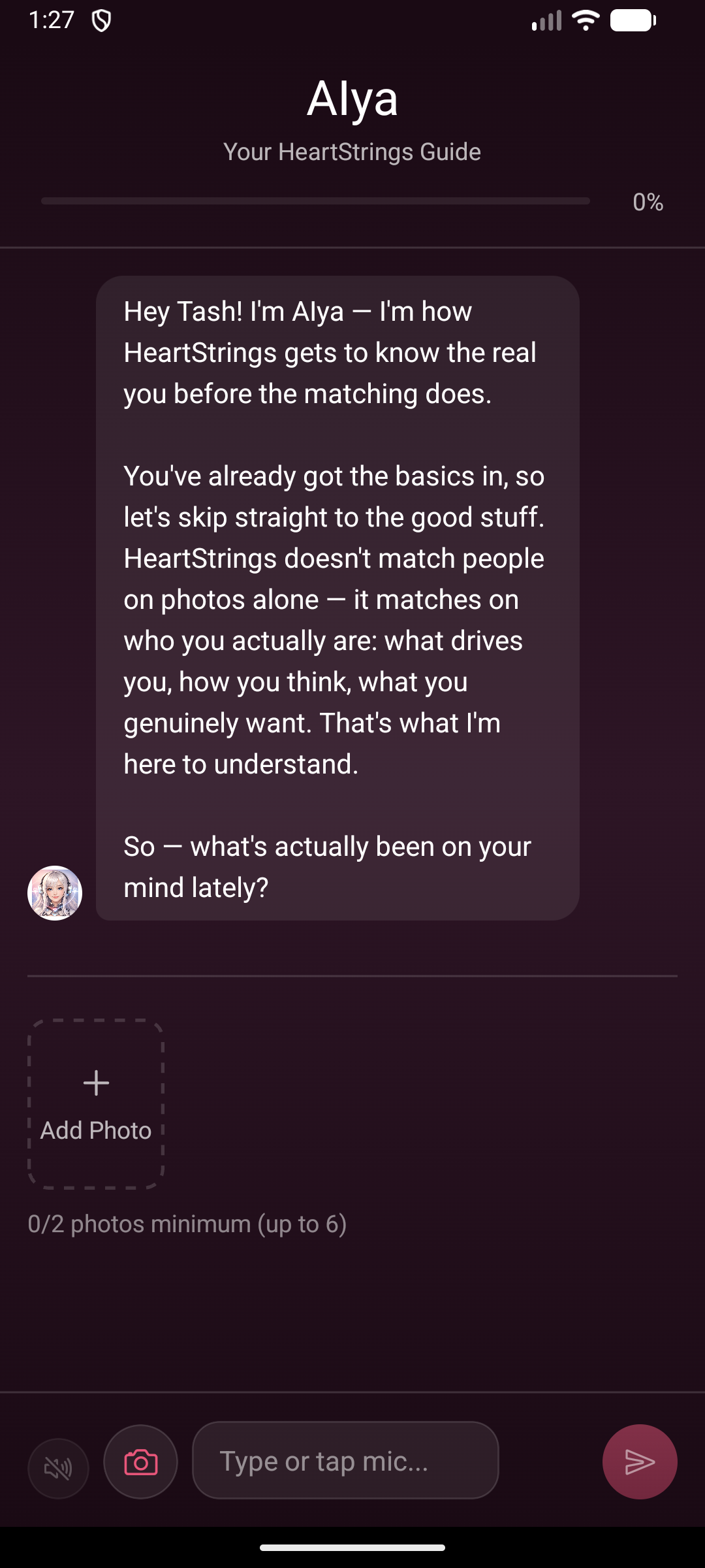 HeartStrings App — AI onboarding flow