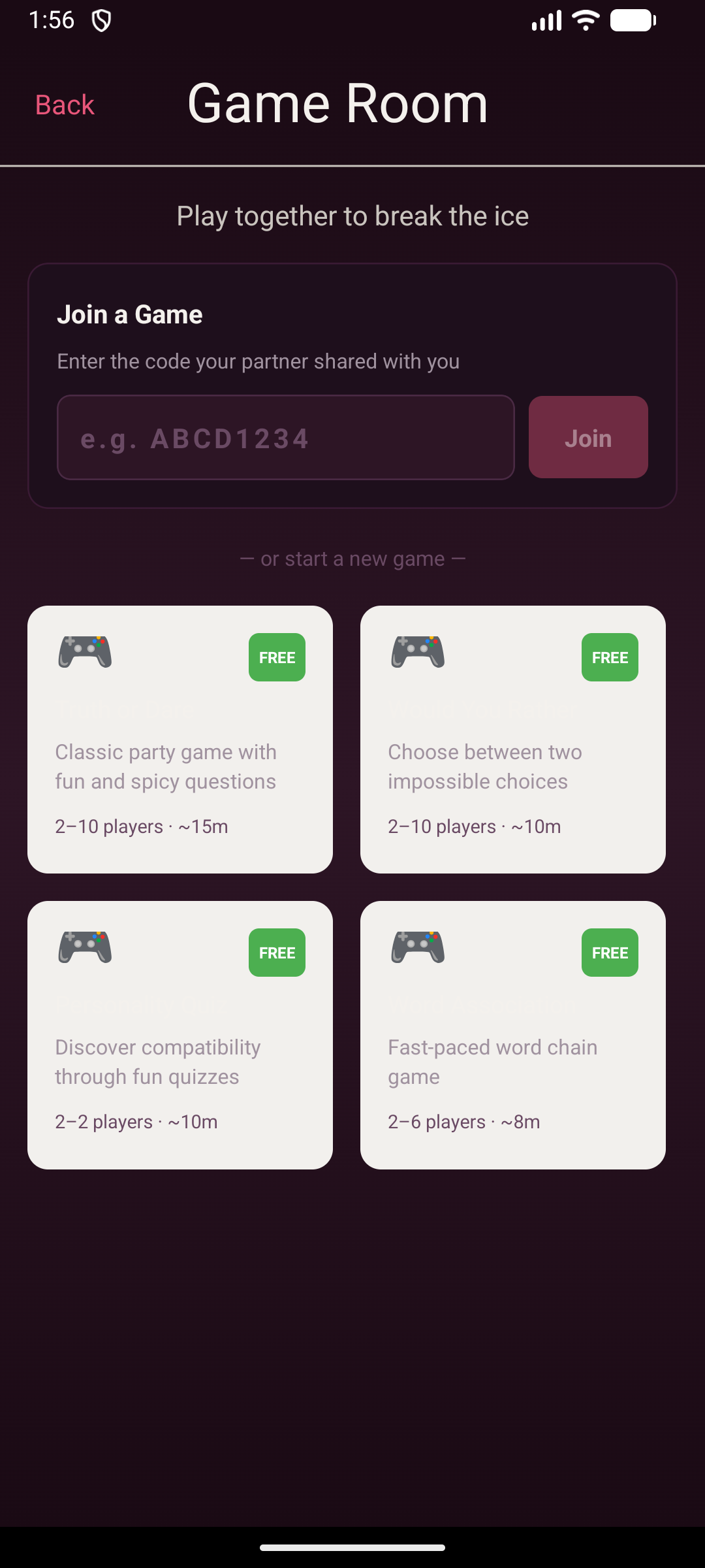 HeartStrings App — game room