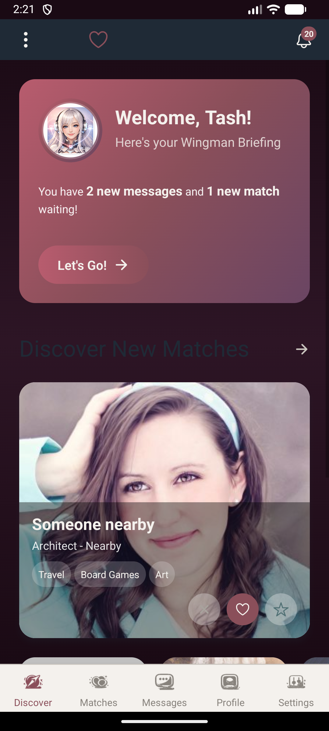 HeartStrings App — Discover screen showing a match card